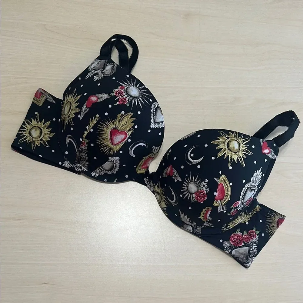 Torrid Curve Plunge Bra Black Celestial Print Plus Size 40D Push Up |‎ G-1617